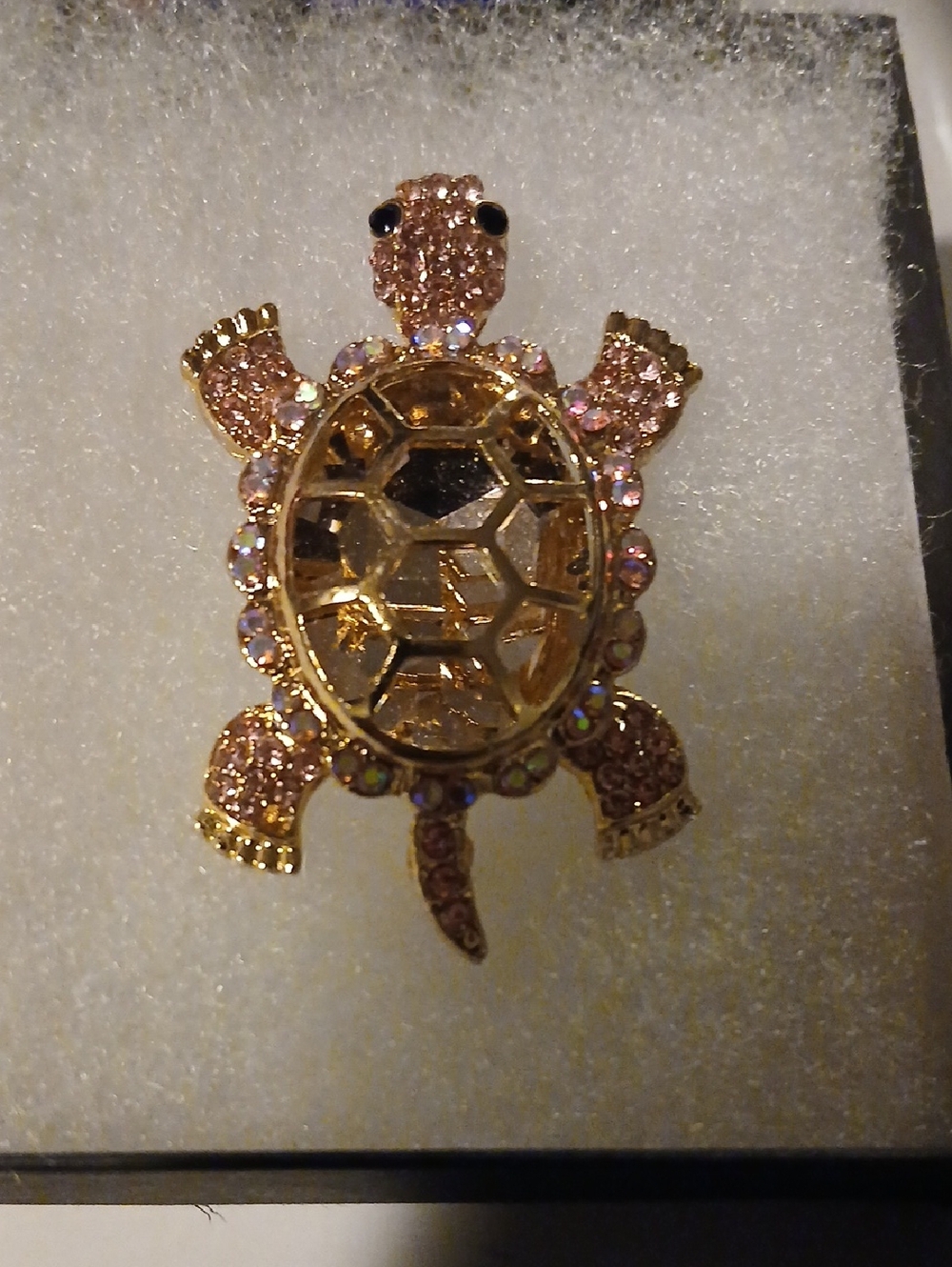 Gold Turtle Crystal Brooch with Pink Rhinestones